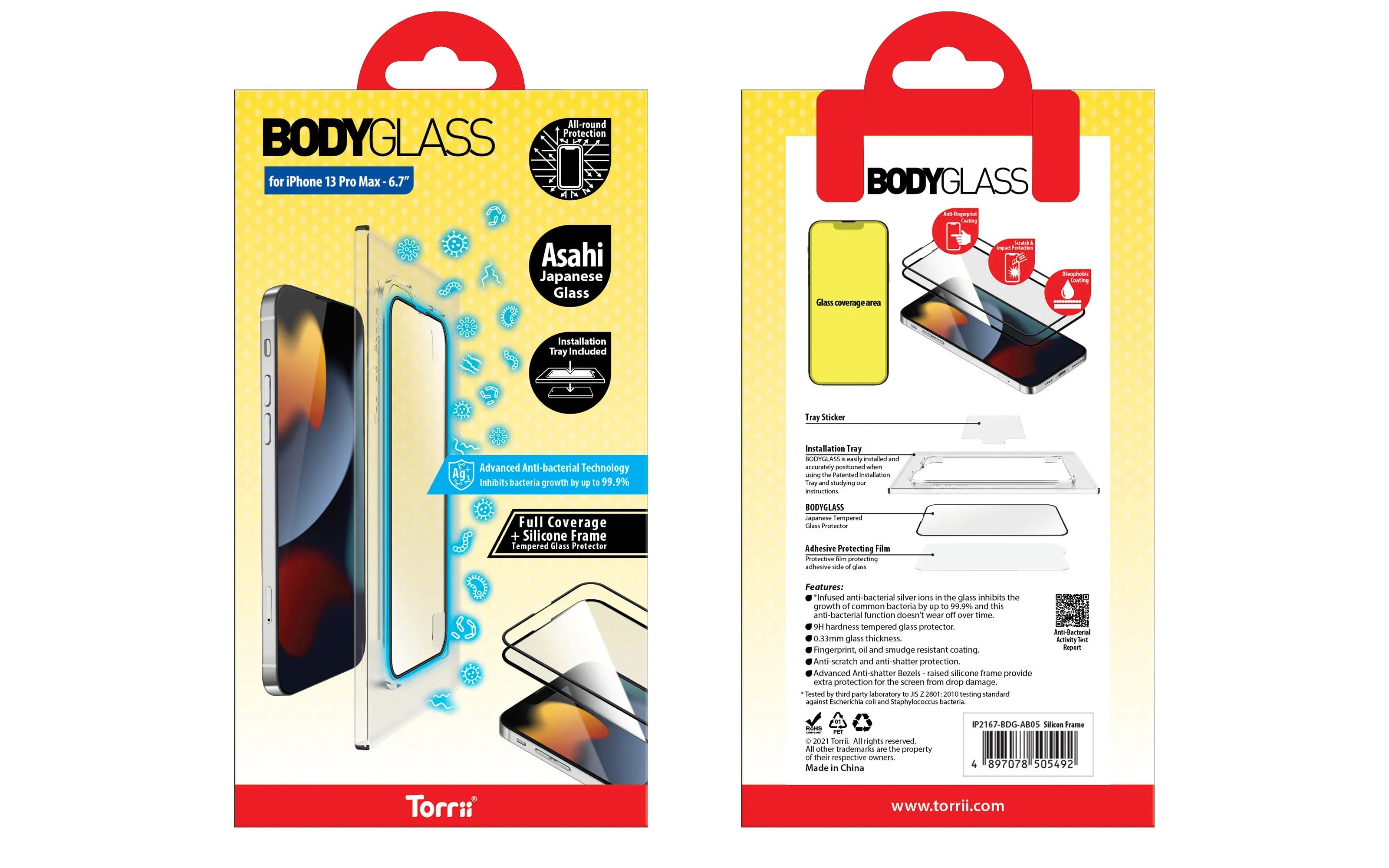 Torrii Bodyglass Screen Protector For iPhone 13 Pro Max Anti-Bacterial Coating - Full Coverage + Silicone Frame - Black - Tashqila Torrii Bodyglass Screen Protector For iPhone 13 Pro Max Anti-Bacterial Coating - Full Coverage + Silicone Frame - Black - Tashqila